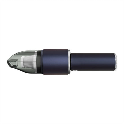 Navy blue mini vacuum cleaner with transparent dust head and metallic accents strong suction for home office car use