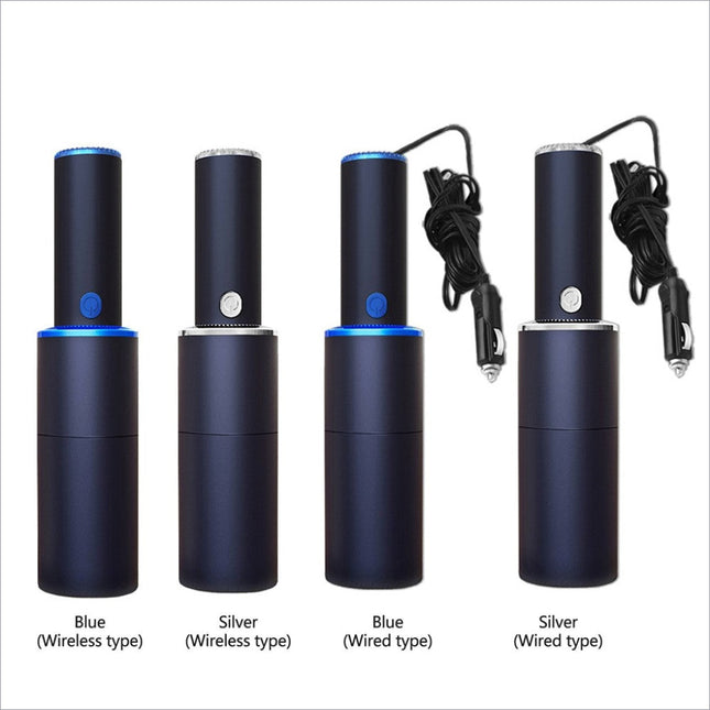 Blue and silver mini vacuum cleaner car air pumps with strong suction wireless and wired models in sleek metallic finish