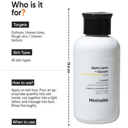 Minimalist Alpha Lipoic + Glycolic 7% Cleanser 100ml – directions