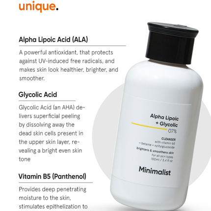 Minimalist Alpha Lipoic + Glycolic 7% Cleanser 100ml – ingredients