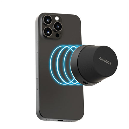 Black cylindrical momax bs6 magnetic wireless speaker with textured surface and glowing blue light for home and outdoor use