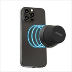 Black cylindrical momax bs6 magnetic wireless speaker with textured surface and glowing blue light for home and outdoor use