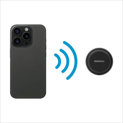Black circular bs6 magnetic wireless speaker by momax with phone stand and ipx6 waterproof for home and outdoor use
