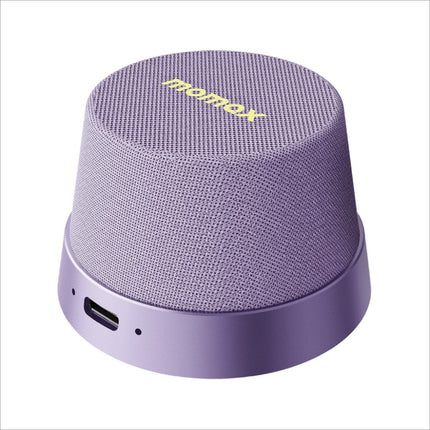 Purple momex bs6 magnetic wireless speaker with textured fabric grille and metallic base for portable audio use