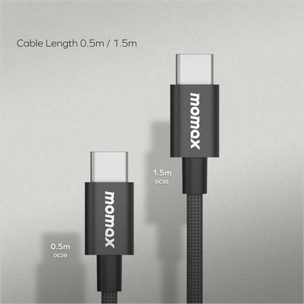 Black braided momax elite 1.5m usb c to usb c charging wire nylon with 60w fast charging connectors