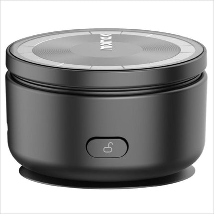 Black cylindrical portable speaker with matte finish and momax logo on top in electric magnetic phone stand auto setup