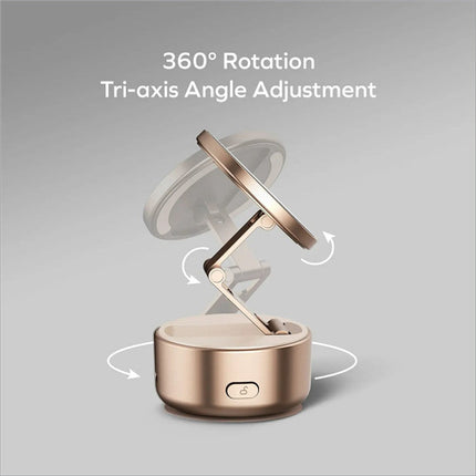 Gold-colored momax kh20 electric magnetic phone stand with 360° rotation and tri-axis angle adjustment foldable holder