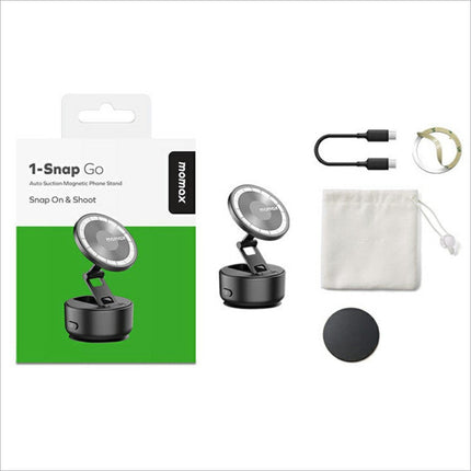 Black MOMAX KH20 electric magnetic phone stand with circular suction base and adjustable arm for auto 360° rotation