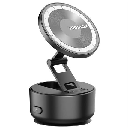 Black momax kh20 electric magnetic phone stand with circular base adjustable arm metallic top plate phone stand auto