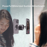 Black motorized suction electric magnetic phone stand auto holding two smartphones on mirrored surface