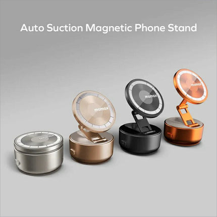 The momax kh20 1-snap go electric magnetic phone stand auto suction features 360° rotation in silver rose gold black and orange