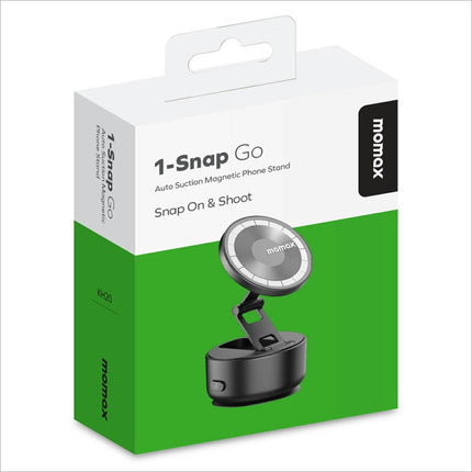 Black momax 1-snap go electric magnetic phone stand with circular suction base and adjustable arm for auto use