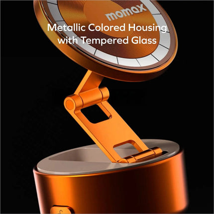 Orange metallic momax kh20 electric magnetic phone stand with tempered glass top and 360° rotation foldable holder