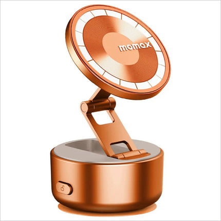 Rose gold momax kh20 electric magnetic phone stand with circular top and articulated base for 360 rotation use