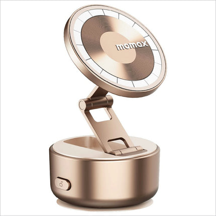 Gold-colored momax kh20 1-snap go electric magnetic phone stand with circular textured top and sleek metallic base