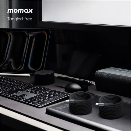 Black coiled momax tangled-free magnetic braided usb-c cable 2m 240w fast charging for laptop phone tablet skin care use