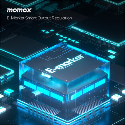 A sleek transparent blue-lit e-marker chip with glowing circuitry in the momax maglink 2m 240w fast charging cable for skin care devices