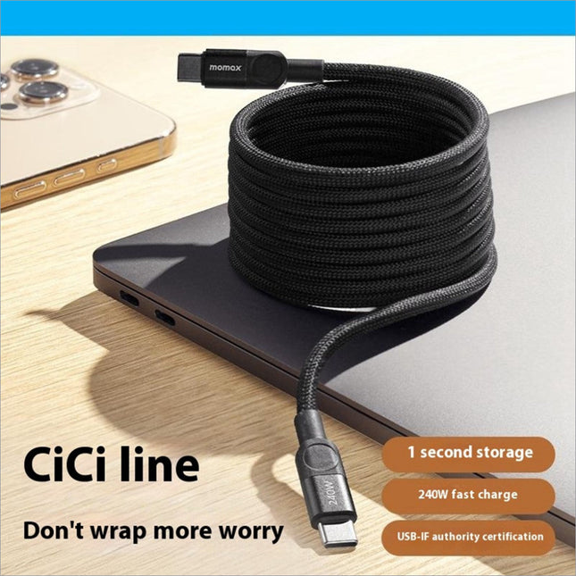 Black braided usb-c to usb-c cable with durable textured weave and sleek connectors for fast charging laptops phones tablets