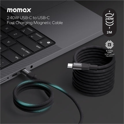 Black braided momax mag.link 2m 240w usb c to usb c magnetic charging cable with teal glowing accents for skin care devices