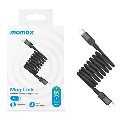 Black momax mag.link 240w usb-c to usb-c magnetic braided cable with coiled tangle-free design for fast charging devices