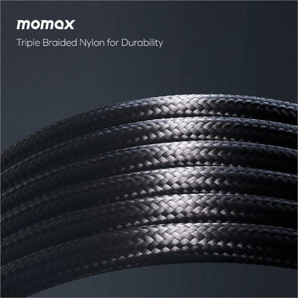 Black triple-braided nylon momax mag.link 2m 240w usb c to usb c fast charging cable for laptop phone or tablet