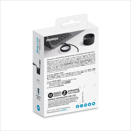 White rectangular packaging of momax mag.link dc1 magnetic braided usb c cable for fast charging phone tablet laptop with korean skin care appeal