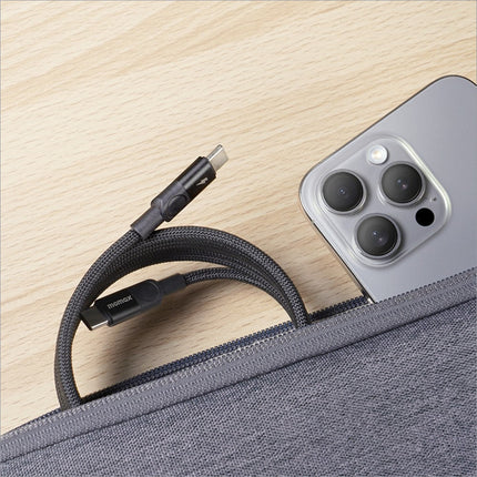 Black braided usb-c to usb-c cable with momax label for fast charging laptops phones tablets skincare devices