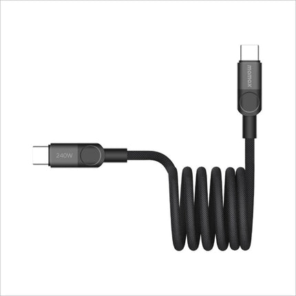 Black coiled momax mag.link 2m 240w usb-c magnetic braided charging cable with metallic connectors perfect for korean skin care devices