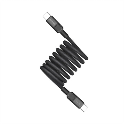 Black momax 24w usb-c to usb-c braided cable coiled design ideal for fast charging laptops phones and korean skin care devices