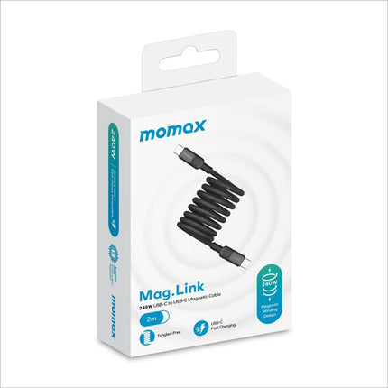 Black momax mag.link magnetic usb-c to usb-c braided cable 2m 240w fast charging for laptop phone tablet