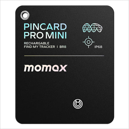 Black rectangular momax pincard pro mini key finder with matte finish silver ring supports wireless charging for ios