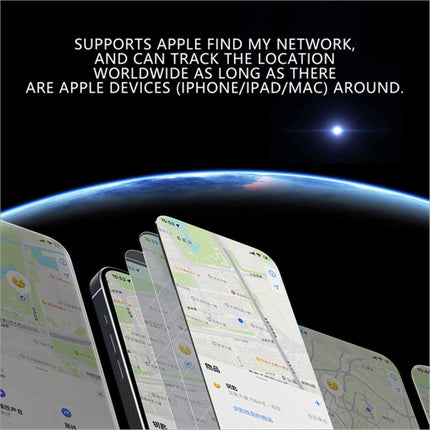Multiple smartphones showing apple find my map with momax pincard pro mini pro mini key wireless tracking device against space backdrop