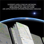 Multiple smartphones showing apple find my map with momax pincard pro mini pro mini key wireless tracking device against space backdrop