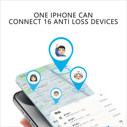 Iphone displaying a map with pins showing 16 connected devices using momax pincard pro mini key finder tracker for ios