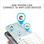 Iphone displaying a map with pins showing 16 connected devices using momax pincard pro mini key finder tracker for ios