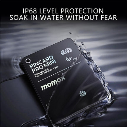 Black rectangular momax pincard pro mini key finder tracking device with ip68 waterproofing and wireless charging support