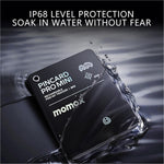 Black rectangular momax pincard pro mini key finder tracking device with ip68 waterproofing and wireless charging support