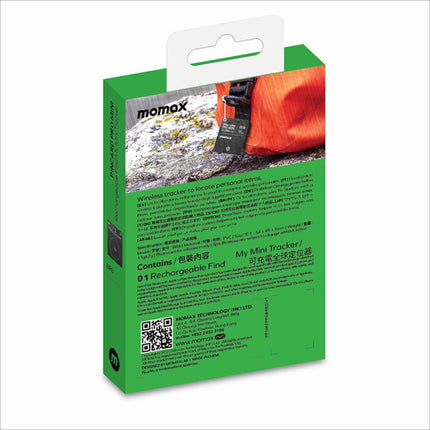 Green rectangular packaging of momax pincard pro mini key wireless tracker attached to orange gear for anti-lost use
