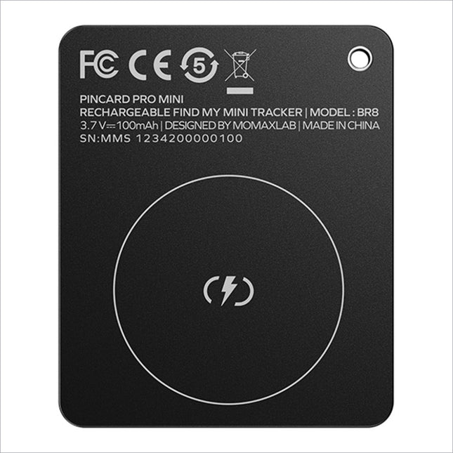 Black wireless charging pad with circular white outline and lightning bolt on momax pincard pro mini key tracker