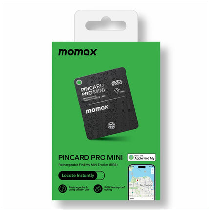 Black rectangular momax pincard pro mini rechargeable key finder with green button and wireless charging support