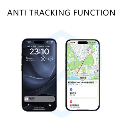Black smartphone showing momax pincard pro mini anti-tracking map and location alert for pro mini key finder device