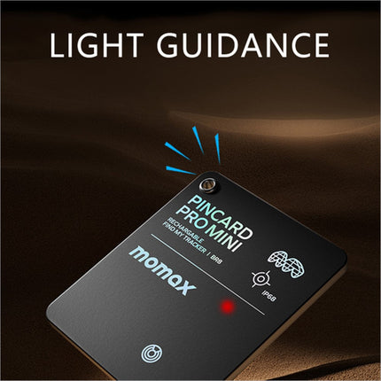Black rectangular momax pincard pro mini rechargeable key finder with red led and white feature text for ios tracking
