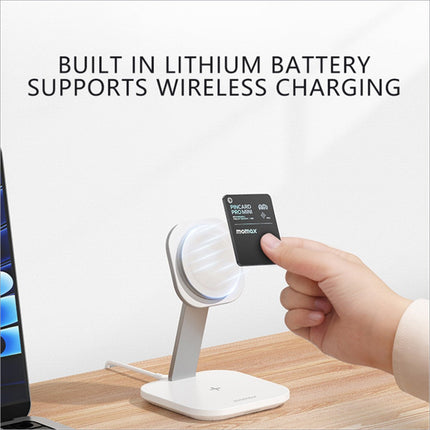 White momax pincard pro mini wireless charging stand with lithium battery and magnetic card holder for key finder