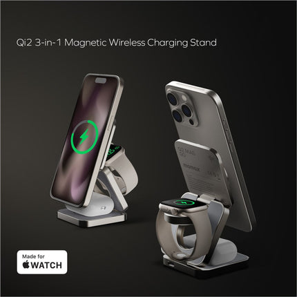 Silver metallic momax q2.mag go 3-in-1 wireless charging stand for phone watch and earphone with qi2+mfw certified charging