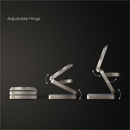 Silver metallic momax q2.mag go foldable wireless charging stand with sleek minimalist design and smooth hinge mechanism