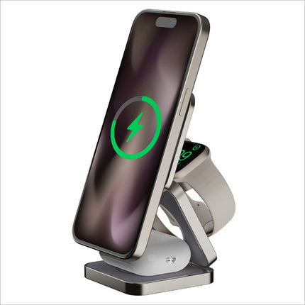 Silver momax q2.mag wireless charging stand holding iphone and apple watch with qi2+mfw certified charging features