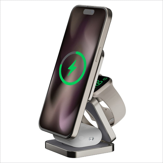 Silver momax q2.mag wireless charging stand holding iphone and apple watch with qi2+mfw certified charging features