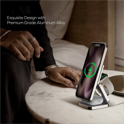 Silver aluminum alloy momax q2.mag go wireless charging stand with watch charging slot for phone and earphone charging