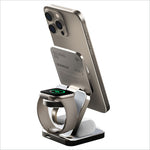 Silver metallic MOMAX Q2.Mag 3-in-1 foldable wireless charging stand for phone smartwatch and earphones with magnetic design