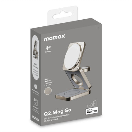 Momax q2.mag go 3-in-1 foldable wireless charging stand in natural titanium chrome finish for watch earphone phone